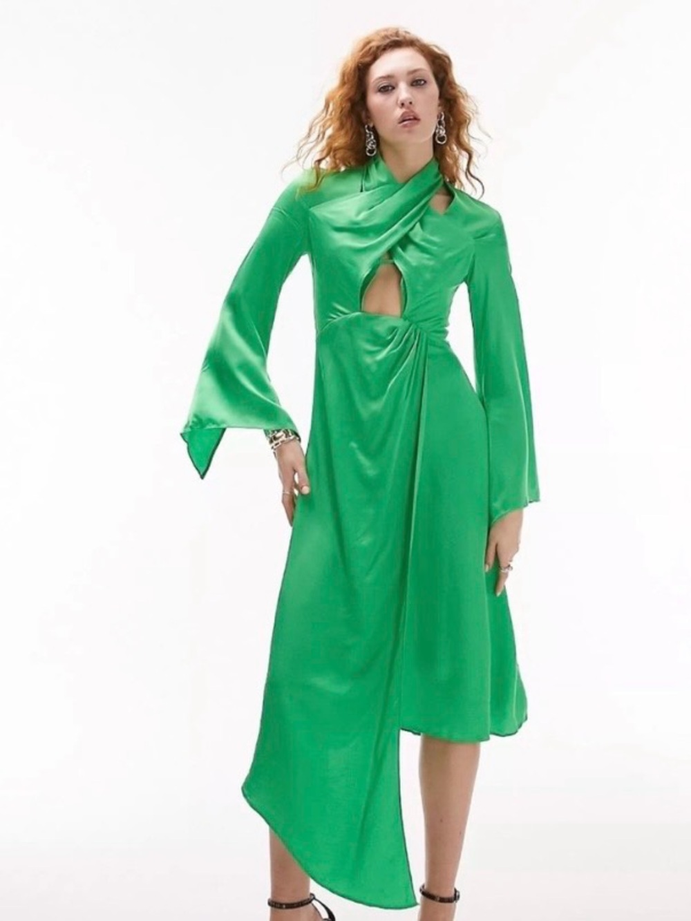 Topshop Emerald Green Satin Asymmetrical Midi Dress